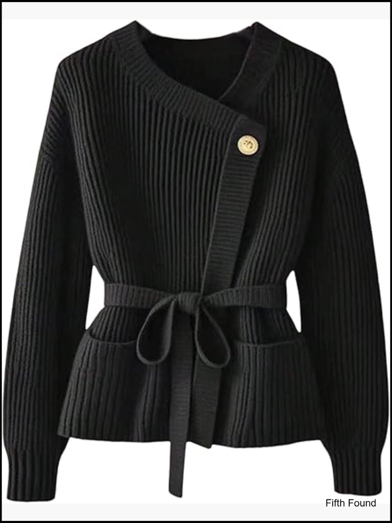 Old Money Ribbed Knit Cardigan Long Sleeve Asymmetrical Belted Sweater